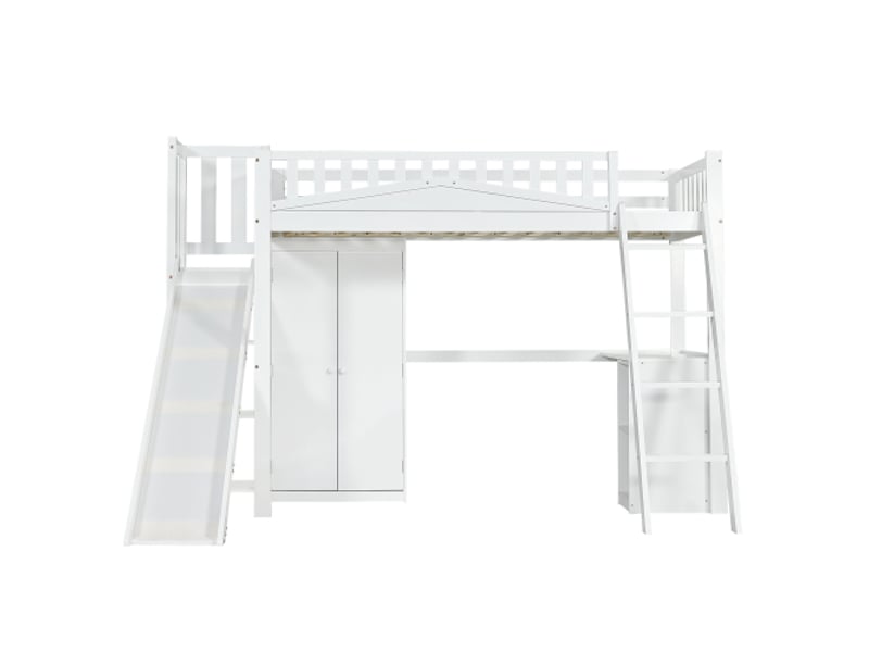  Lit mezzanine 90x200 cm, lit simple enfant, porte sécurité, toboggan, escalier, armoire, étagère rangement, blanc  - Conforama D