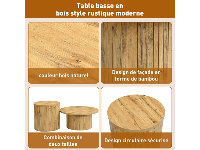  Table basse, table ronde double, table d'appoint avec plateaux en bois naturel. Table de salon multifonctionnelle  - Conforama D