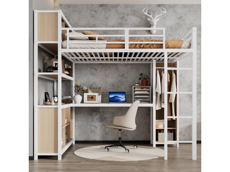  Lit mezzanine en fer, rangement double sous le bureau, lit supérieur avec rangement, avec armoire, fer et panneaux de particules, blanc et naturel, 140 x 200 cm  - Conforama B