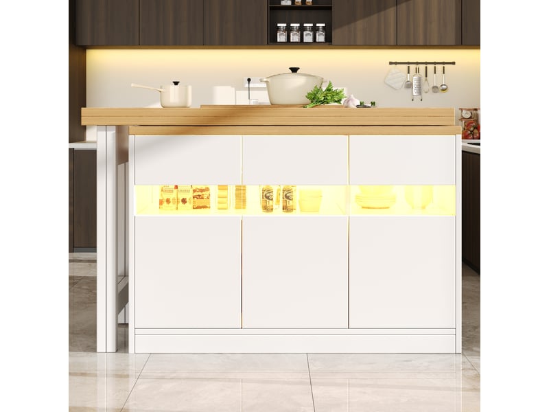 Îlot de cuisine extensible 120-180 cm led, pivotante 360°, avec rangements, mdf, blancnaturel  - Conforama W