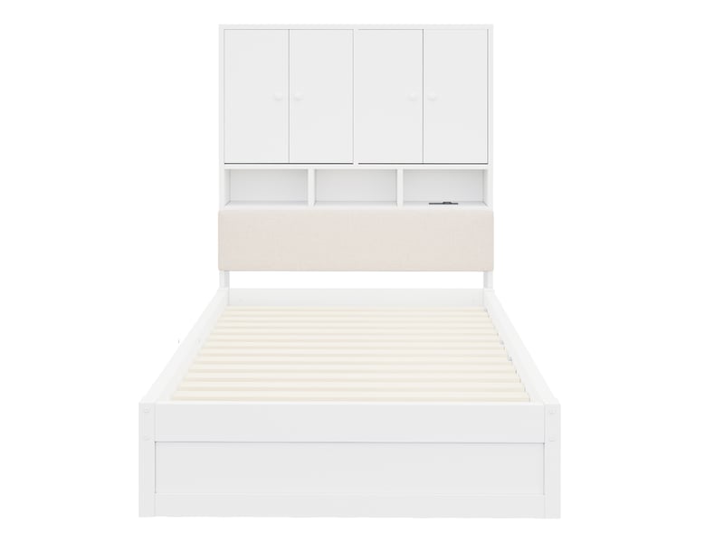 Lit simple 90×200 cm avec tête de lit, rangements, led, prise et tiroirs, blanc - Conforama A