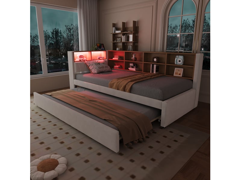  Lit enfant gigogne 90 x 200 cm + 90 x 190 cm led usb-c et prise secteur multiple flanelle beige sans matelas  - Conforama D