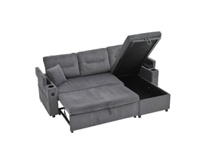 Canapé d'angle convertible 3 places,212.5x136x86cm,tiroir,porte-gobelets,usb-c,canapé-lit en velours côtelé avec méridienne rangement,gris carbone
