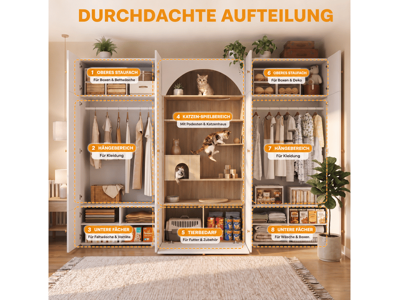 Armoire dressing rangement 270x50x202 cm, 12 compartiments, penderie, panneaux de particules, blanc bois - Conforama D