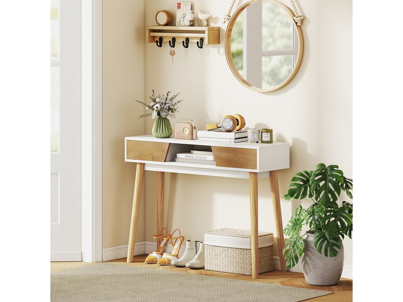  Console d'entrée avec 2 tiroirs, compartiment et pieds en bois, blanche, idéale pour un couloir, une entrée ou un salon.  - Conforama C