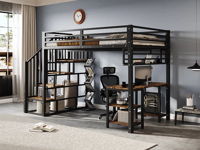  Lit mezzanine,120 x 200 cm,vec rampes, bureau et étagère de rangement inclus,coloris noir et foncé  - Conforama B
