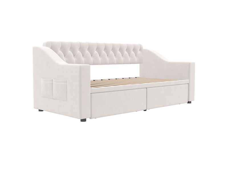  Lit enfant 90x190 cm tiroirs accoudoirs larges poches latérales ports usb revêtement velours beige sans matelas  - Conforama R