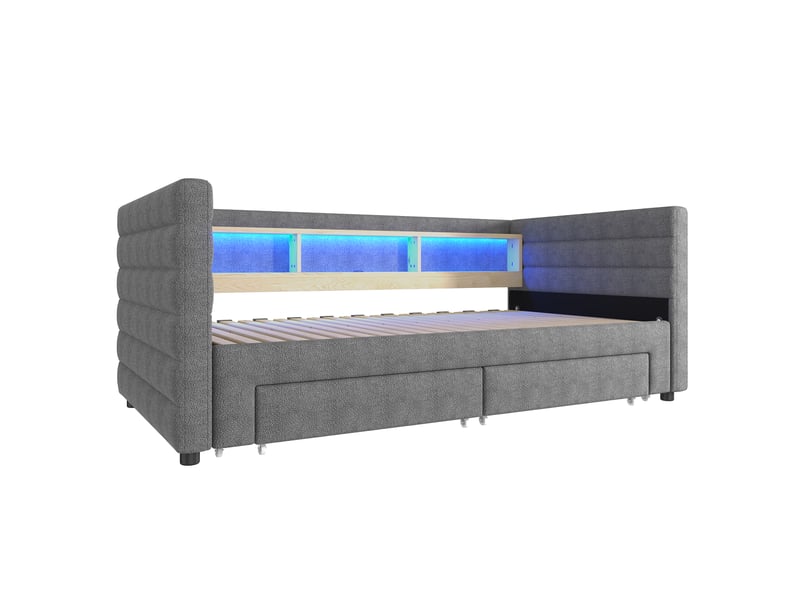  Lit banquette gris 90x190 cm extensible avec 2 tiroirs, led, usb et type-c  - Conforama D
