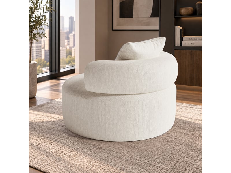 Fauteuil rond fixe 100 cm en chenille beige, mousse haute densité, avec coussin, charge 150 kg, salon chambre bureau 100X100X65cm - Conforama R