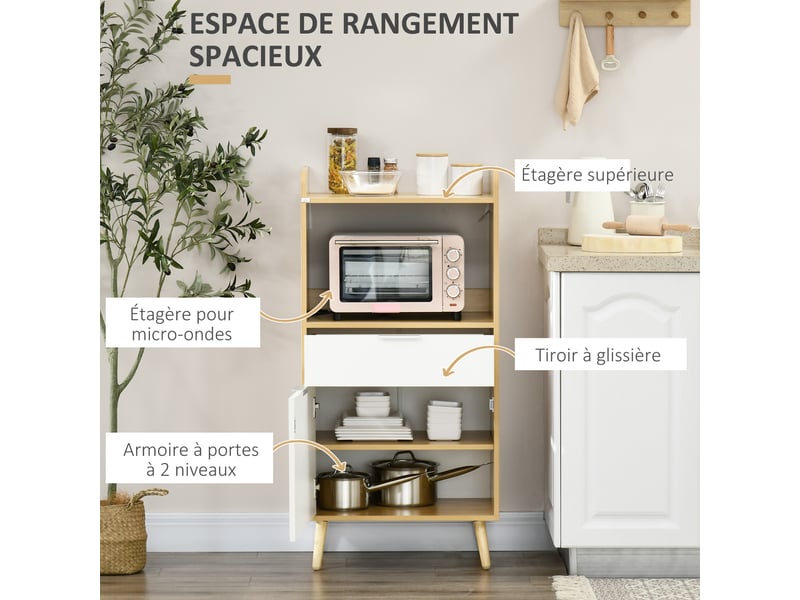  Meuble desserte de cuisine pour micro-ondes avec placard tiroir réglable étagère 58 x 40 x 118 cm naturel et blanc  - Conforama D