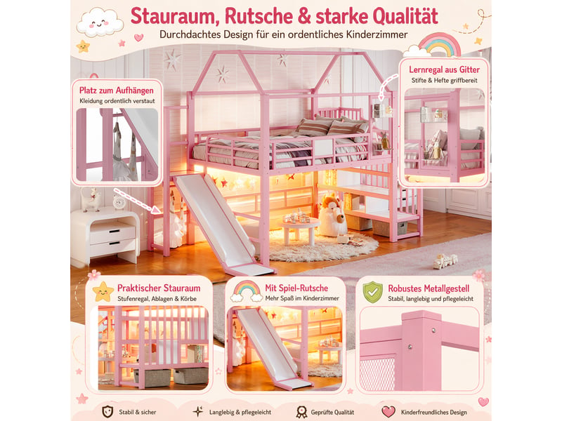  Lit mezzanine en métal rose 140×200 cm, forme maison, toboggan et escalier, éclairage bluetooth, rangement  - Conforama D