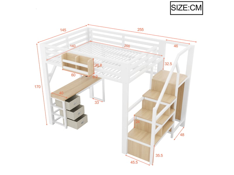Lit mezzanine 140 × 200 cm en métal avec bureau, 3 tiroirs, étagères, penderie, escalier de rangement et led - Conforama C