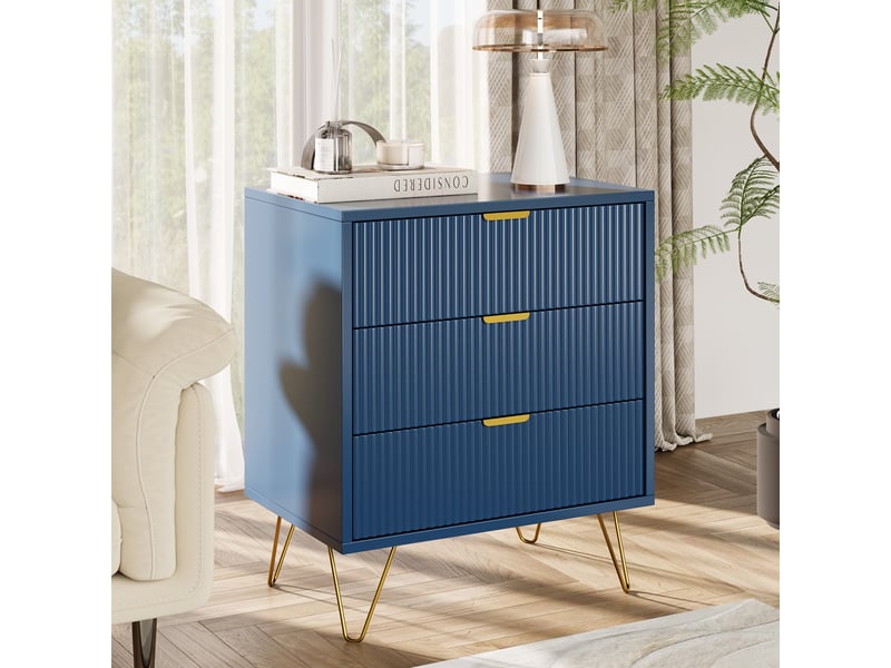  Commode 3 tiroirs à lignes verticales - 60 x 40 x 70 cm-bleu foncé - meuble de rangement moderne avec pieds en épingle dorés  - Conforama E