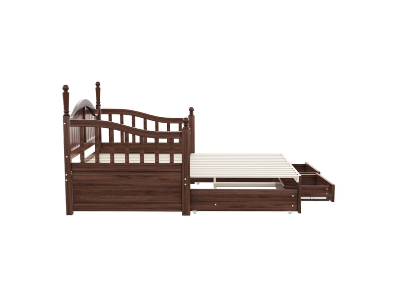  Canapé-lit gigogne extensible 90x190 cm en bois, dossier galbé, accoudoirs colonnes et tiroirs, finition noyer, sans matelas  - Conforama D