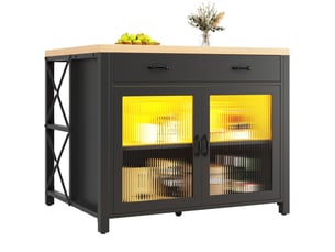 Îlot de cuisine 100x80x90 cm, éclairage led, plan de travail effet bois, pieds réglables, meuble de cuisine, mdf noir