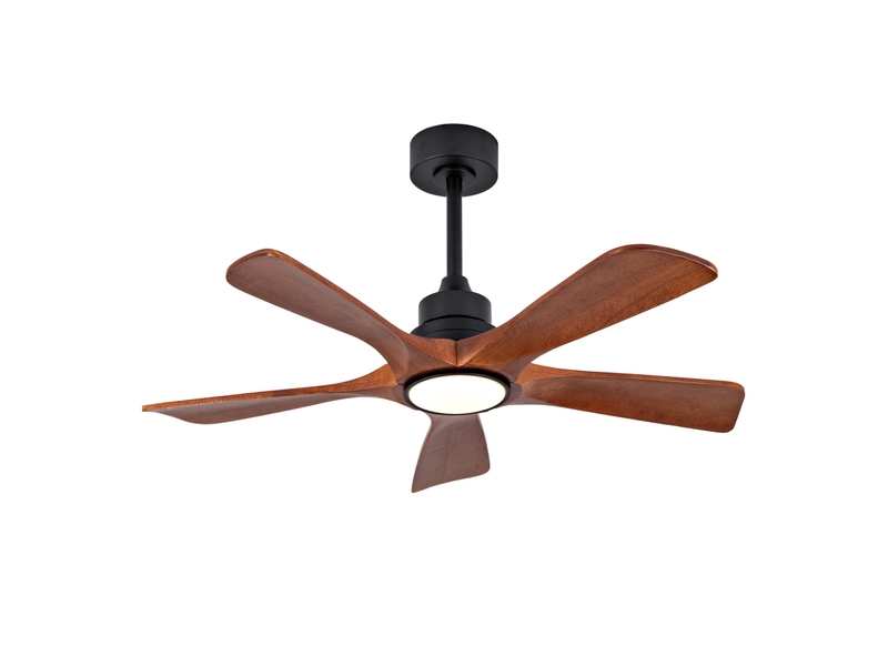  Ventilateur de plafond 107x107x34,5 cm réversible 6 vitesses, éclairage led 3 cct dimmable avec télécommande, 5 pales en bois massif, structure en métal, coloris noyer et noir  - Conforama A