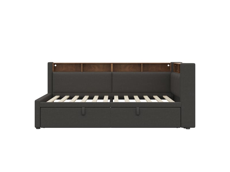  Canapé-lit rembourré 90x200 cm extensible 180x200 cm,éclairage led,tête de lit d'angle avec rangement,lit de jour,tissu lin,sans matelas,gris  - Conforama W