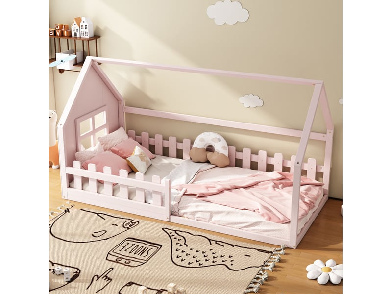  Lit cabane enfant 90x200 cm maison bois mdf rose sans matelas  - Conforama B