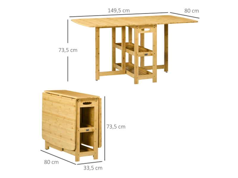 Table à manger pliante en bambou naturel, pieds réglables et rangements – 149,5 × 80 × 73,5 cm - Conforama C