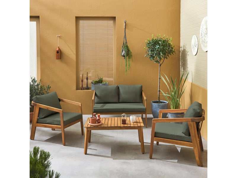 Salon de jardin kaki foncé 4 places loberia. Bois d'acacia dossier avec lanières effet cuir - Conforama B