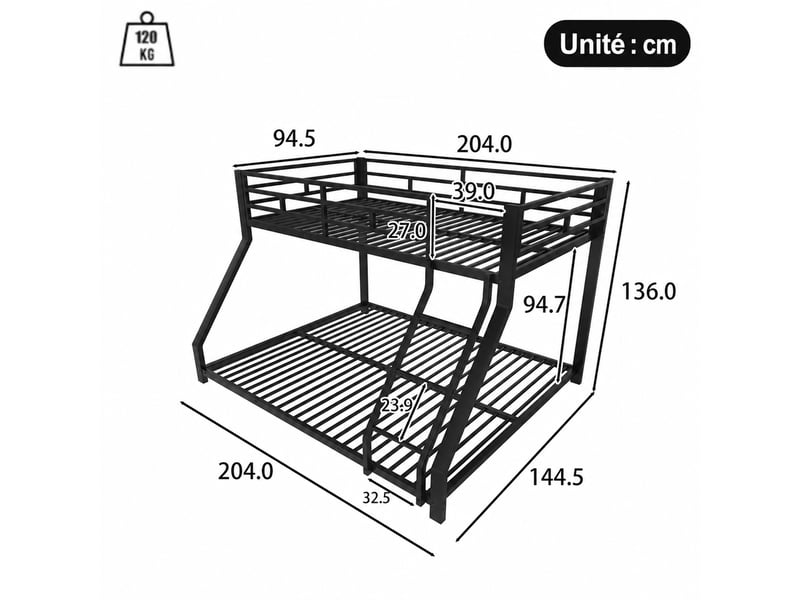  Lit superposé 3 places en métal avec échelle et garde-corps, 90x200 et 140x200 cm, sans matelas, noir  - Conforama D