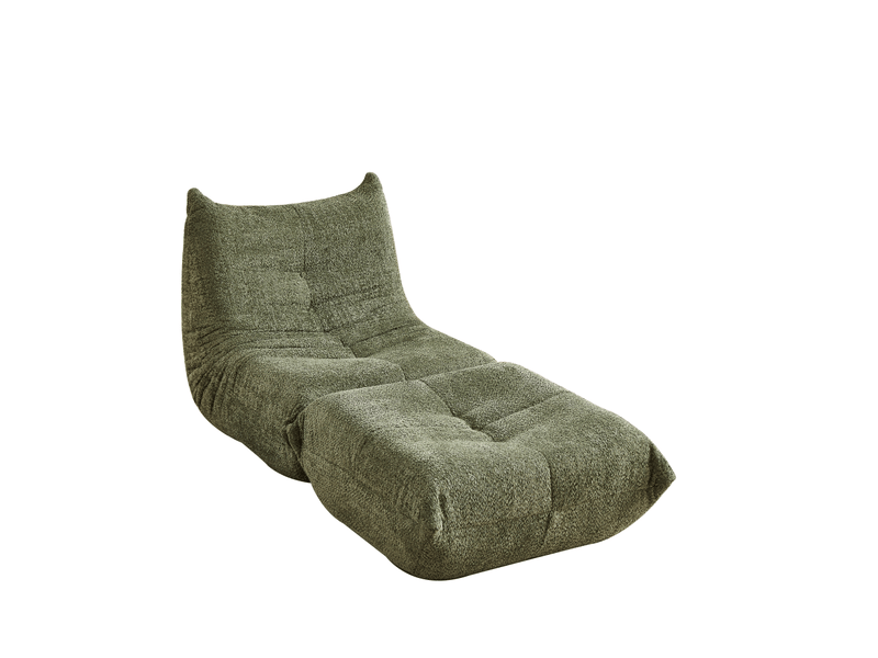  Fauteuil de sol et repose-pieds, chauffeuse ergonomique, mousse haute densité, salon, max 150kg, en chenille vert olive  - Conforama A