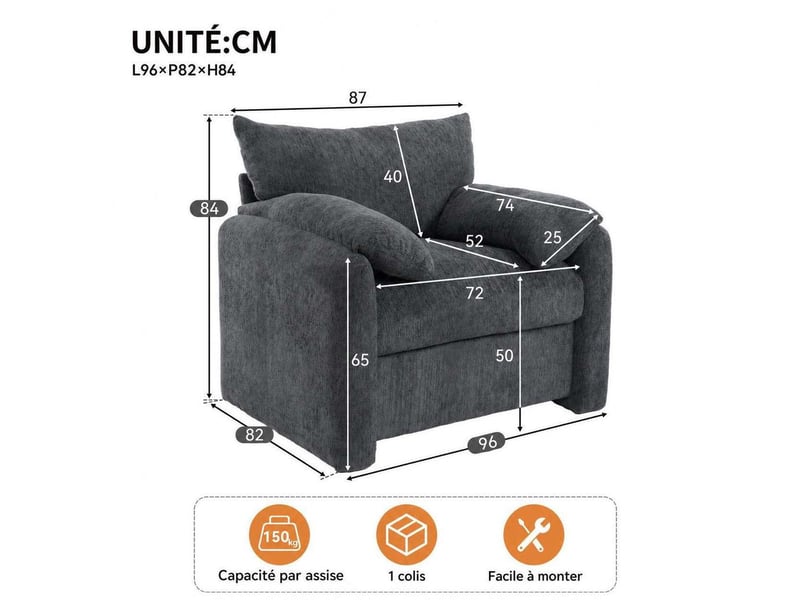  Fauteuil surdimensionné en tissu chenille avec coussin d'assise épais de 18 cm et accoudoirs moelleux, cadre bois et métal, 150 kg  - Conforama C