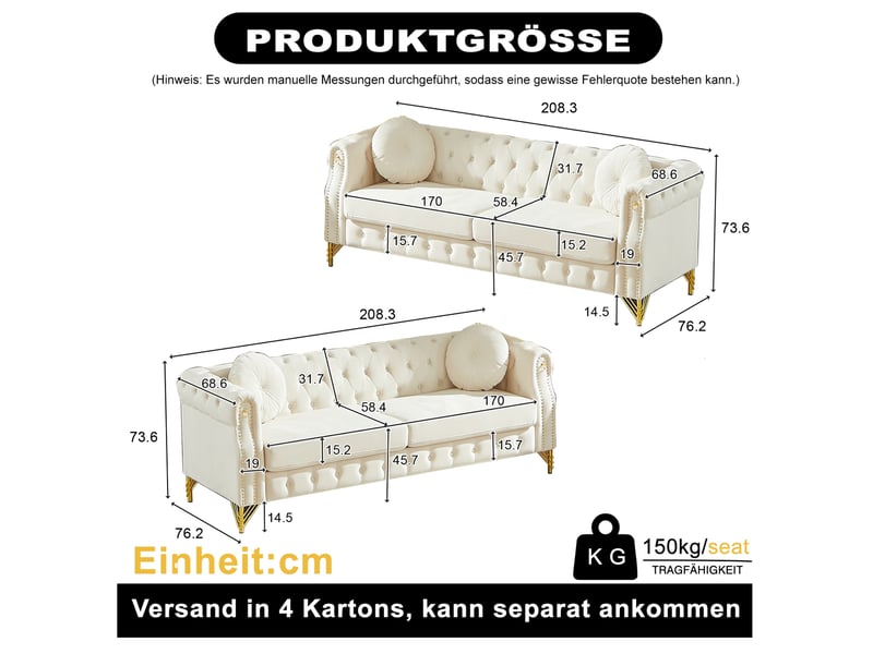  Canapé 3+3 places en velours beige avec pieds en métal doré  - Conforama C