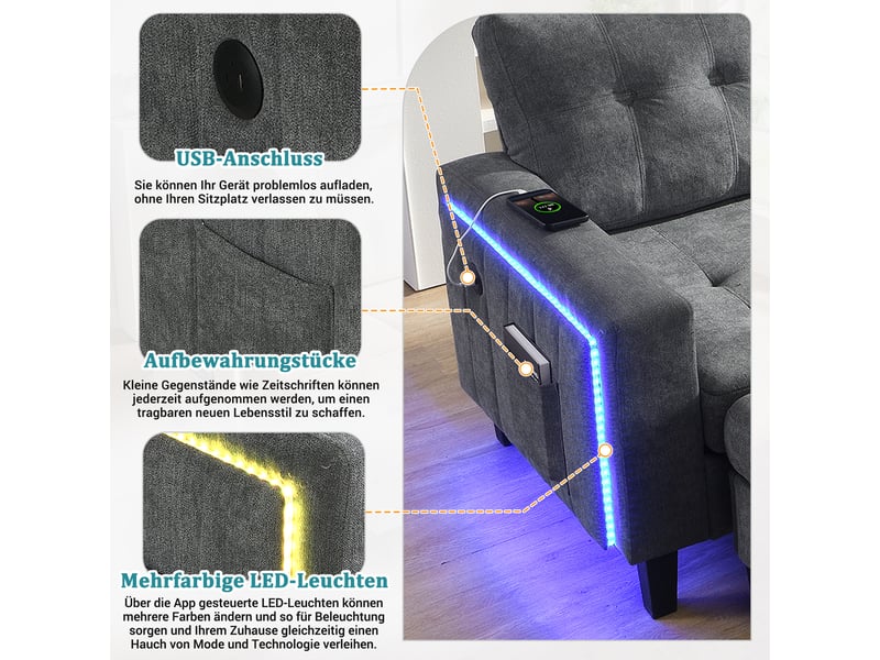 Canapé d’angle modulable 3 places 185x135x85 cm avec méridienne, pouf coffre mobile, éclairage led, canapé convertible port usb et rangement - gris - Conforama E