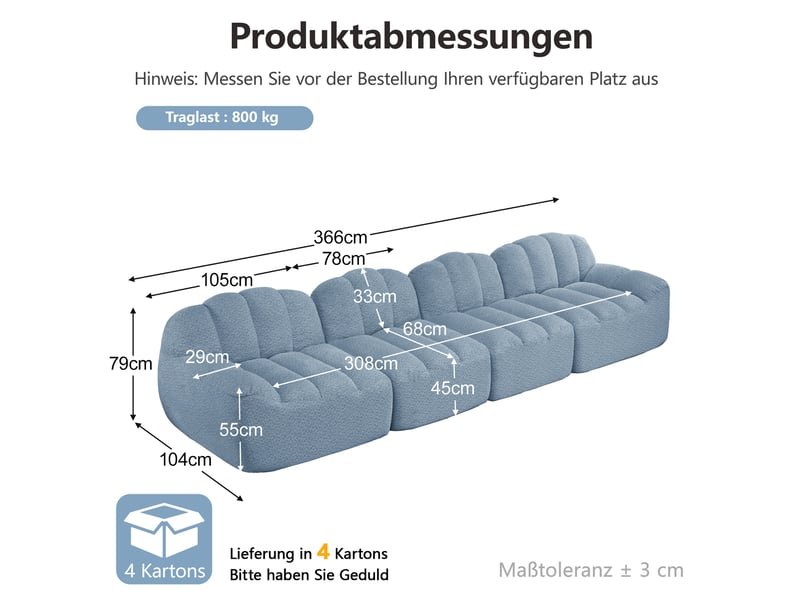  Canapé modulaire 4 places bleu en tissu bouclette, assise profonde et forme coquillage pour le salon  - Conforama C
