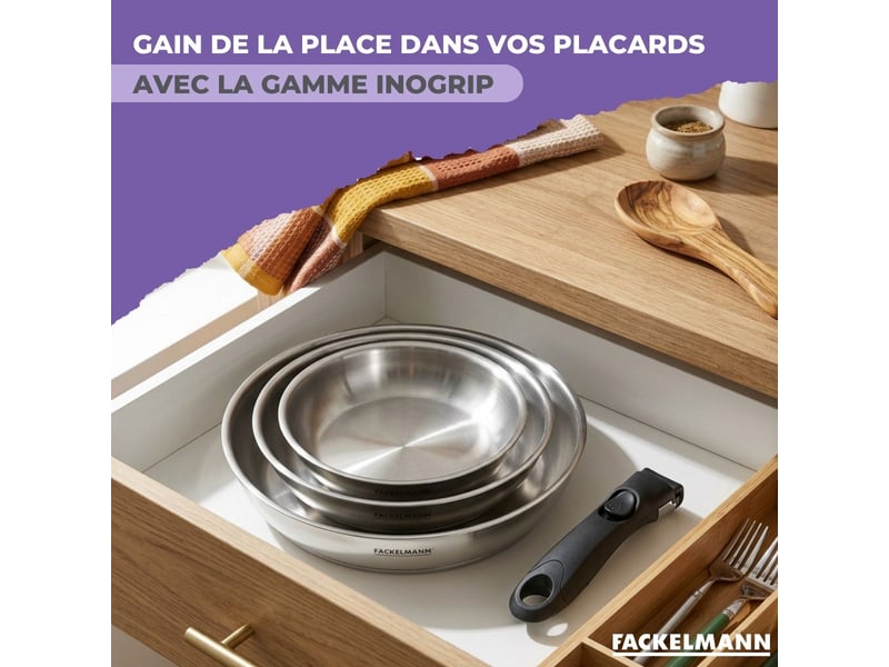 Poêle de cuisson 20 cm en inox et manche amovible fackelmann inogrip avec accessoires 9104750B88 - Conforama E