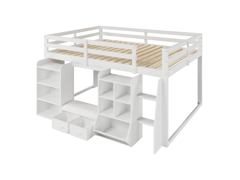  Lit mezzanine 140x200 cm, lit combiné, tiroirs de rangement, rangements intégrés, design moderne, charge maximale 250 kg, bois blanc CozyNest - Conforama E