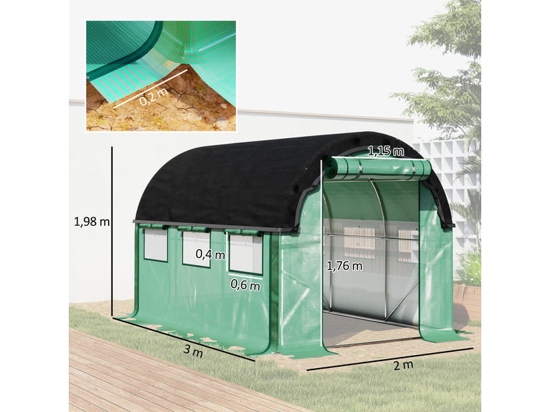  Serre tunnel de 3 x 2 x 2 m avec filet de protection solaire, parois latérales enroulables, bâche en plastique, structure en acier, verte  - Conforama E