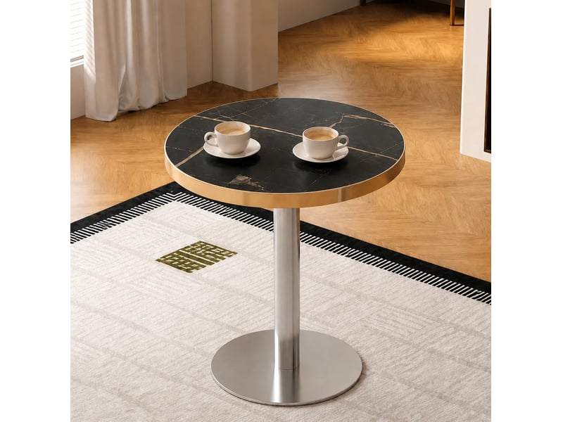  Table d'appoint ronde 60 cm noire, plateau mdf aspect marbre et acier inoxydable doré  - Conforama B