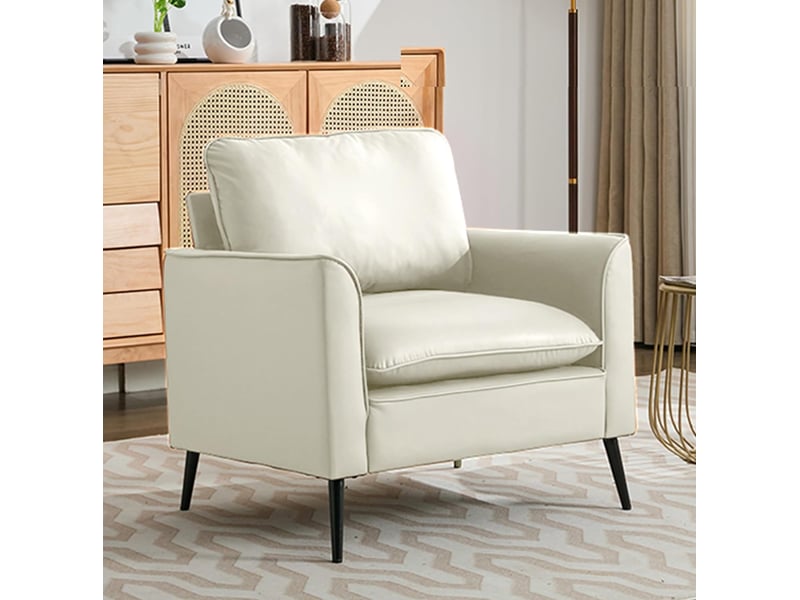  Fauteuil fixe 1 place en cuir régénéré blanc, style nordique rétro, confortable pour le salon ou la chambre  - Conforama B