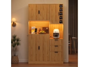 Armoire de cuisine 105x40x180cm, meuble bar avec casier à bouteilles, 3 tiroirs, étagères réglables, led multicolore et prises, naturel