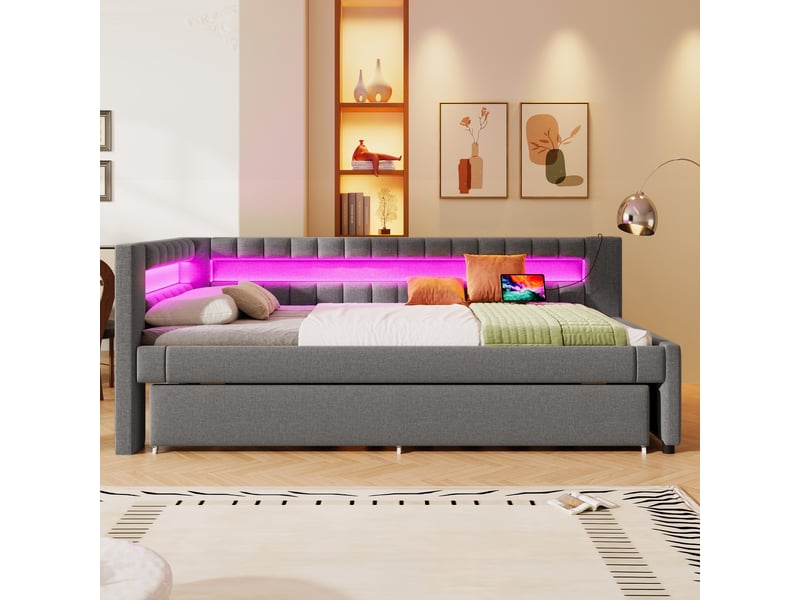 Lit banquette 90x200 gris avec lit gigogne - éclairage led intégré, ports usbtype-c, revêtement lin - Conforama B