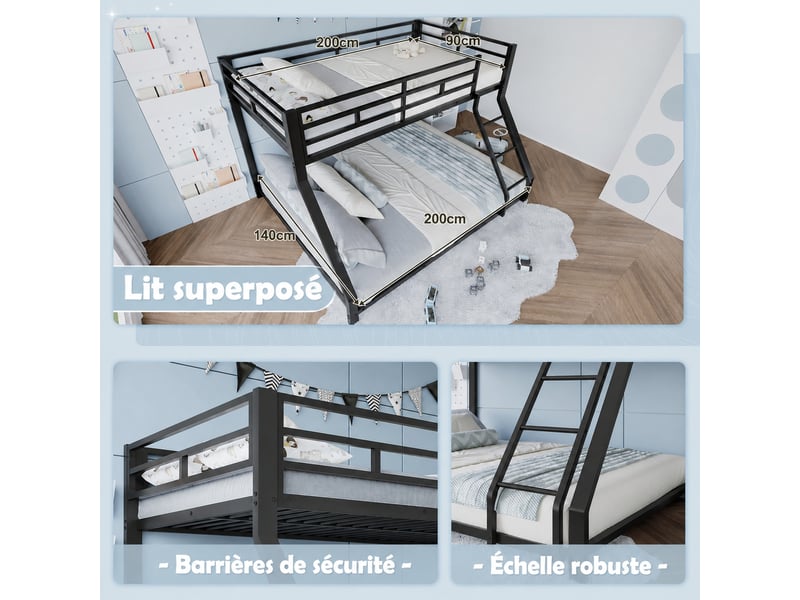 Lit superposé en métal noir, couchages 90 x 200 cm et 140 x 200 cm, avec escalier et barrières - Conforama W