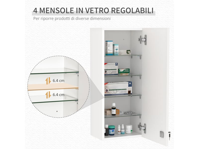  Armoire à pharmacie murale avec serrure, 5 niveaux, bois et verre blanc, 30 x 20 x 70 cm  - Conforama R
