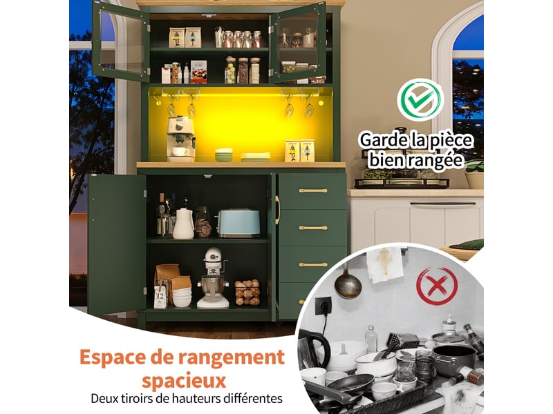 Buffet haut vert 105,5x40x180 cm, meuble de cuisine rangement style campagne, 4 portes, led, porte-bouteilles - Conforama E