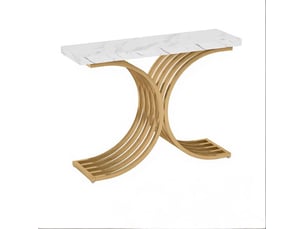 Console bicolore 100x30x80 cm – or et blanc – table d'entrée en métal avec plateau décor minéral