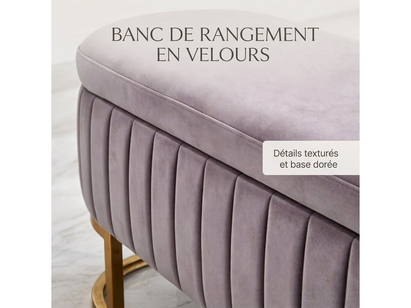  Banc de lit rose 130 cm en velours avec coffre de rangement et pieds en métal doré  - Conforama E