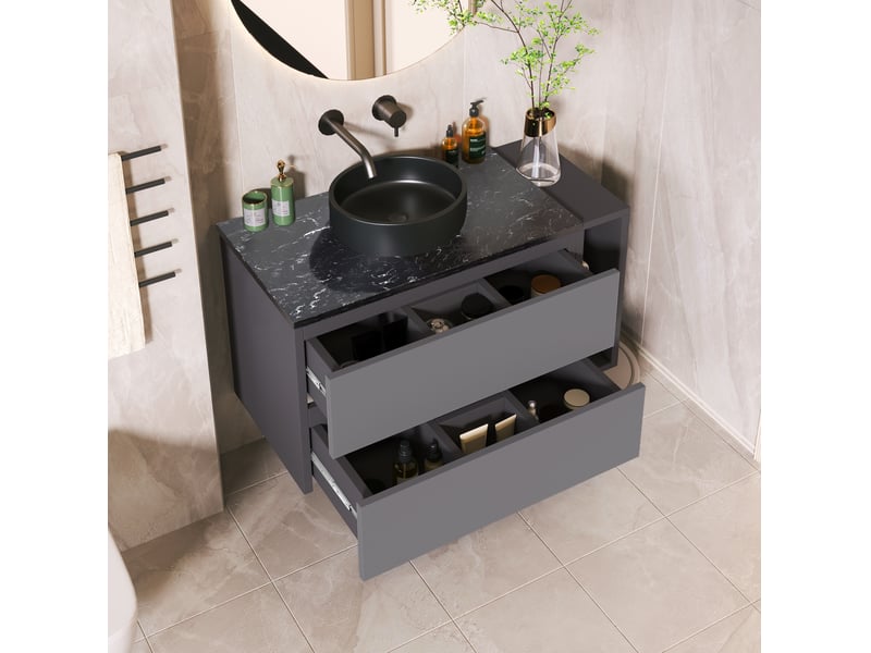  Meuble rangement salle de bain avec vasque et tiroirs mdf noir gris design moderne homvra  - Conforama C