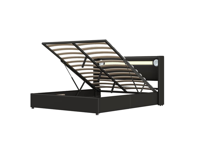  Lit coffre rembourré 160x200 cm noir en pu, led, bluetooth, 2 usb et rangement hydraulique Fay Lum - Conforama D