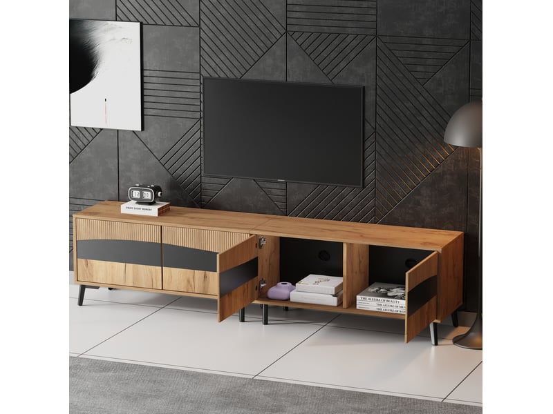  Meuble tv bas tcqpz 180 x 40 x 50 cm 4 portes panneaux de particules coloris naturel et noir compatible 75 pouces  - Conforama D