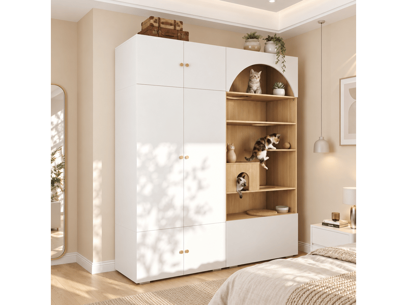  Armoire modenvie 2 en 1 avec penderie et espace pour félins 180 x 50 x 200 cm blanc et effet bois  - Conforama B