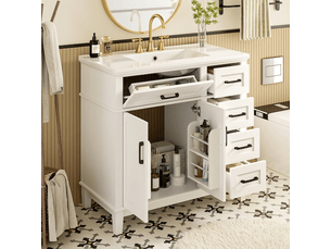 Meuble salle de bain sur pied 90 cm avec meuble vasque céramique blanc et poignées noires