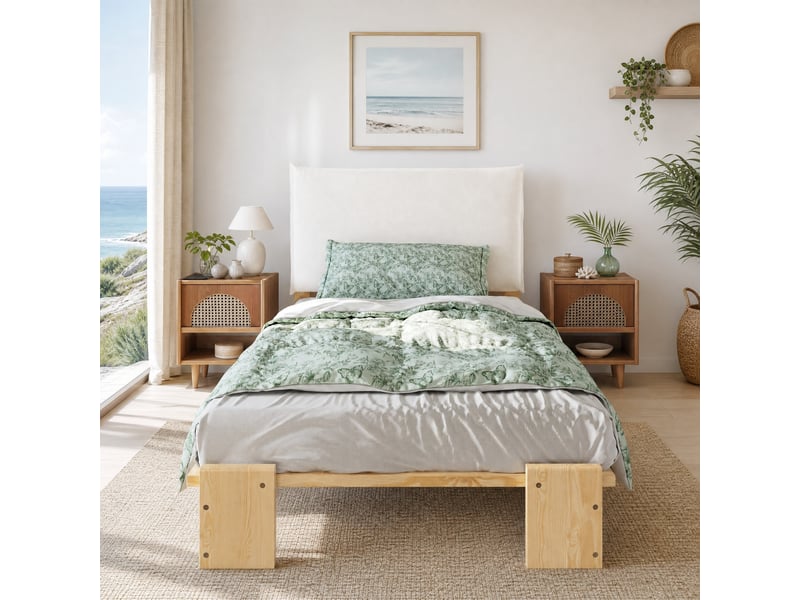  Lit enfant en bois et tissu, lit simple avec dossier rembourré fixé par velcro et pieds larges, 90x200 cm, sans matelas  - Conforama B