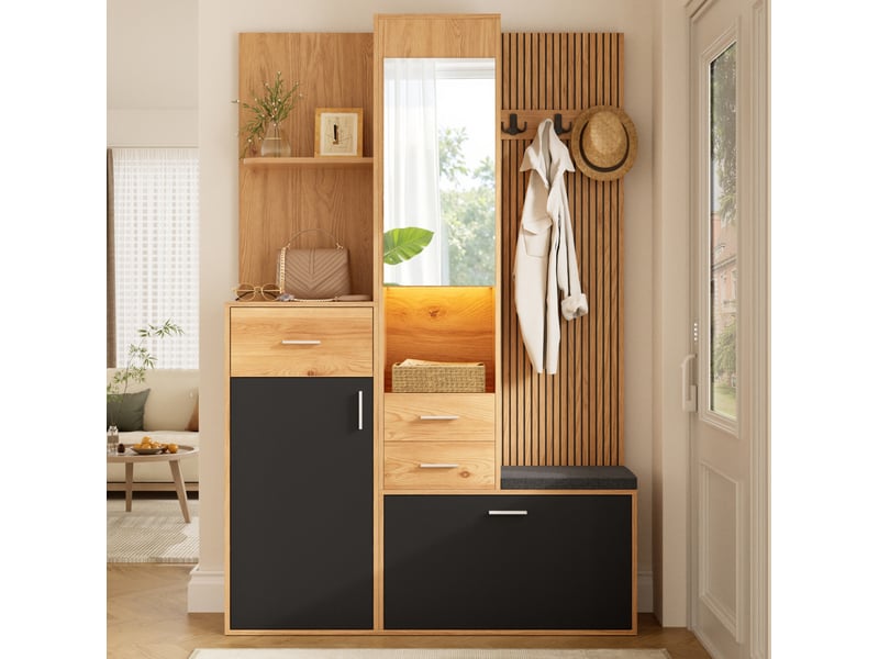  Meuble d'entrée avec miroir, banc, tiroirs, meuble à chaussures et led réglable, noir et naturel 120 × 32 × 178 cm  - Conforama B