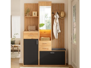 Meuble d'entrée avec miroir, banc, tiroirs, meuble à chaussures et led réglable, noir et naturel 120 × 32 × 178 cm
